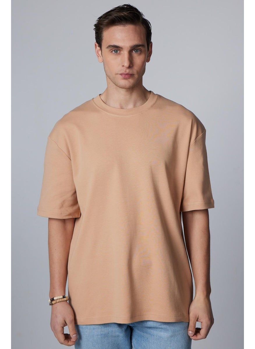 Oversize Wide Cut Cotton Soft Textured Basic Crew Neck Mink T-Shirt