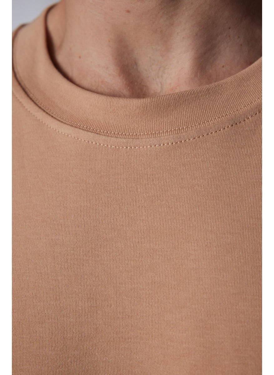 Oversize Wide Cut Cotton Soft Textured Basic Crew Neck Mink T-Shirt