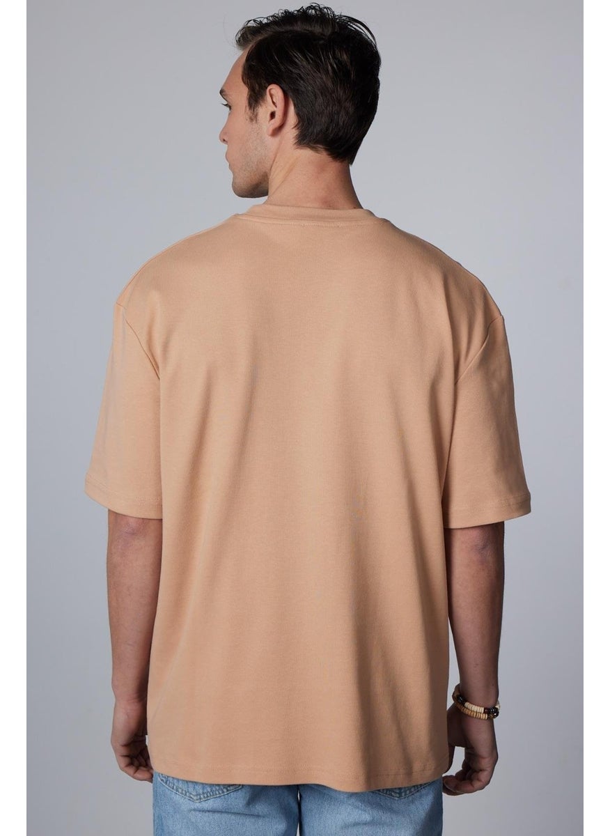 Oversize Wide Cut Cotton Soft Textured Basic Crew Neck Mink T-Shirt