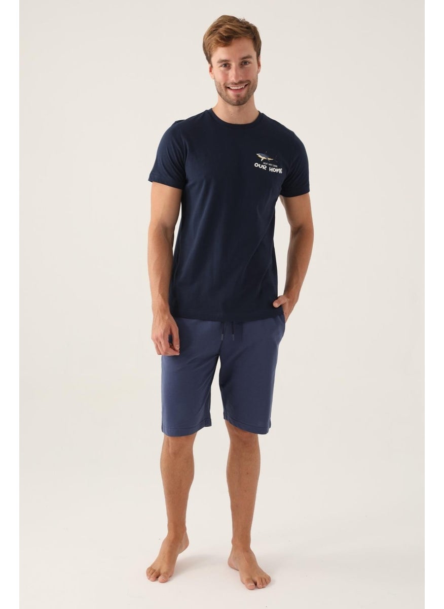 Navy Blue Father and Son T-Shirt and Bermuda Shorts Set, Cotton, (Price Separately)