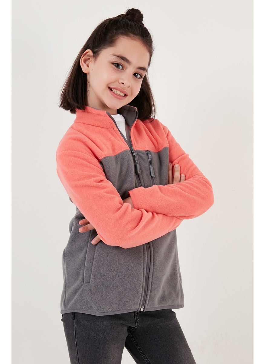 Soft Textured Zippered Color Block Stand Collar Pocket Fleece Unisex Children's Fleece 5905001