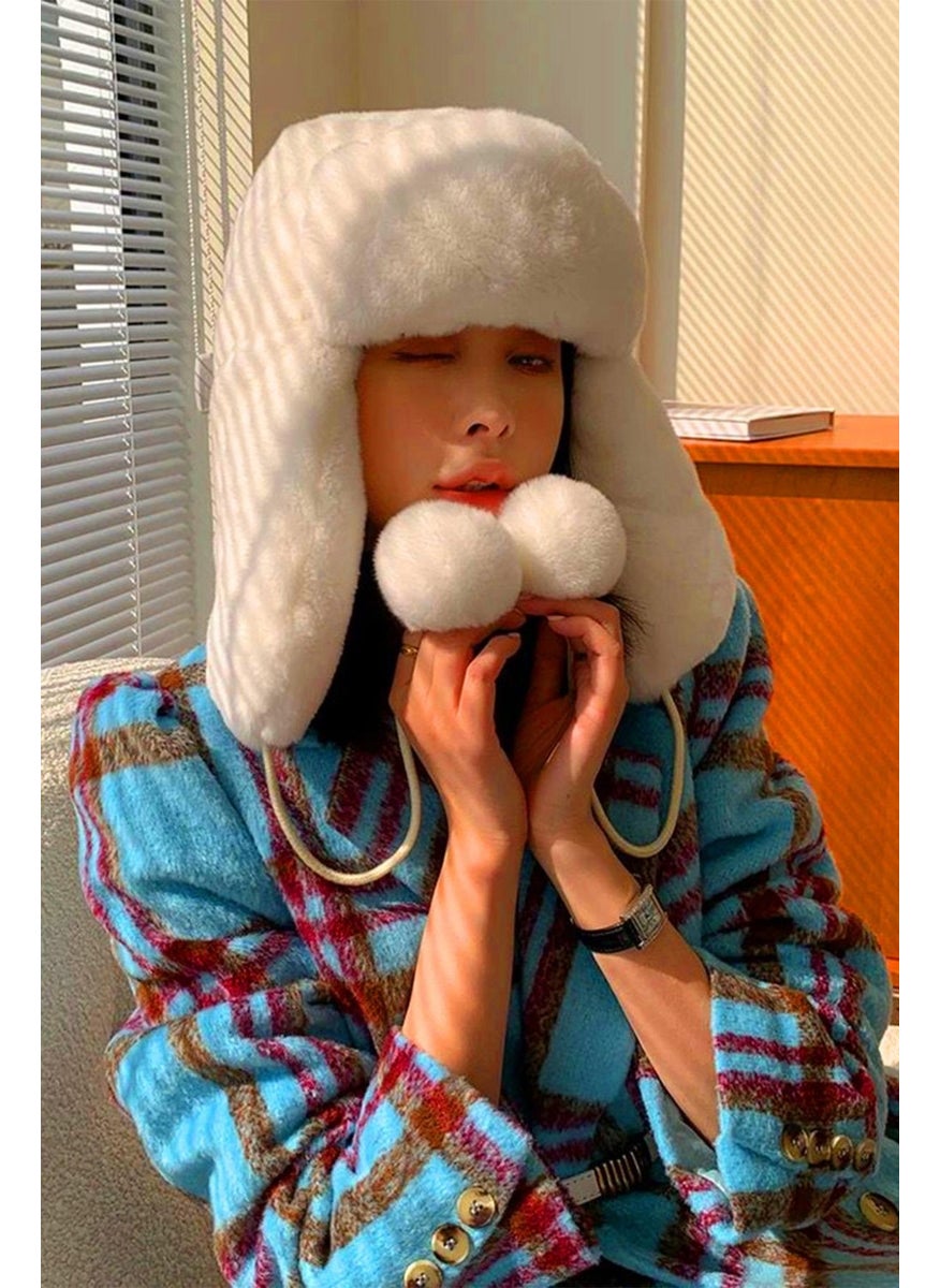 Plush Eared Pompom Beanie Pilot Hat