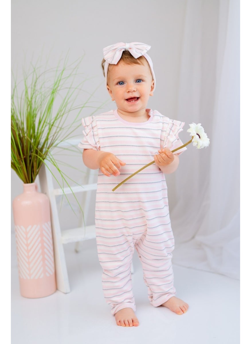 Baby Girl Pink Glittery Shoulder Ruffle Jumpsuit and Hairband Set (3-24 MONTH)