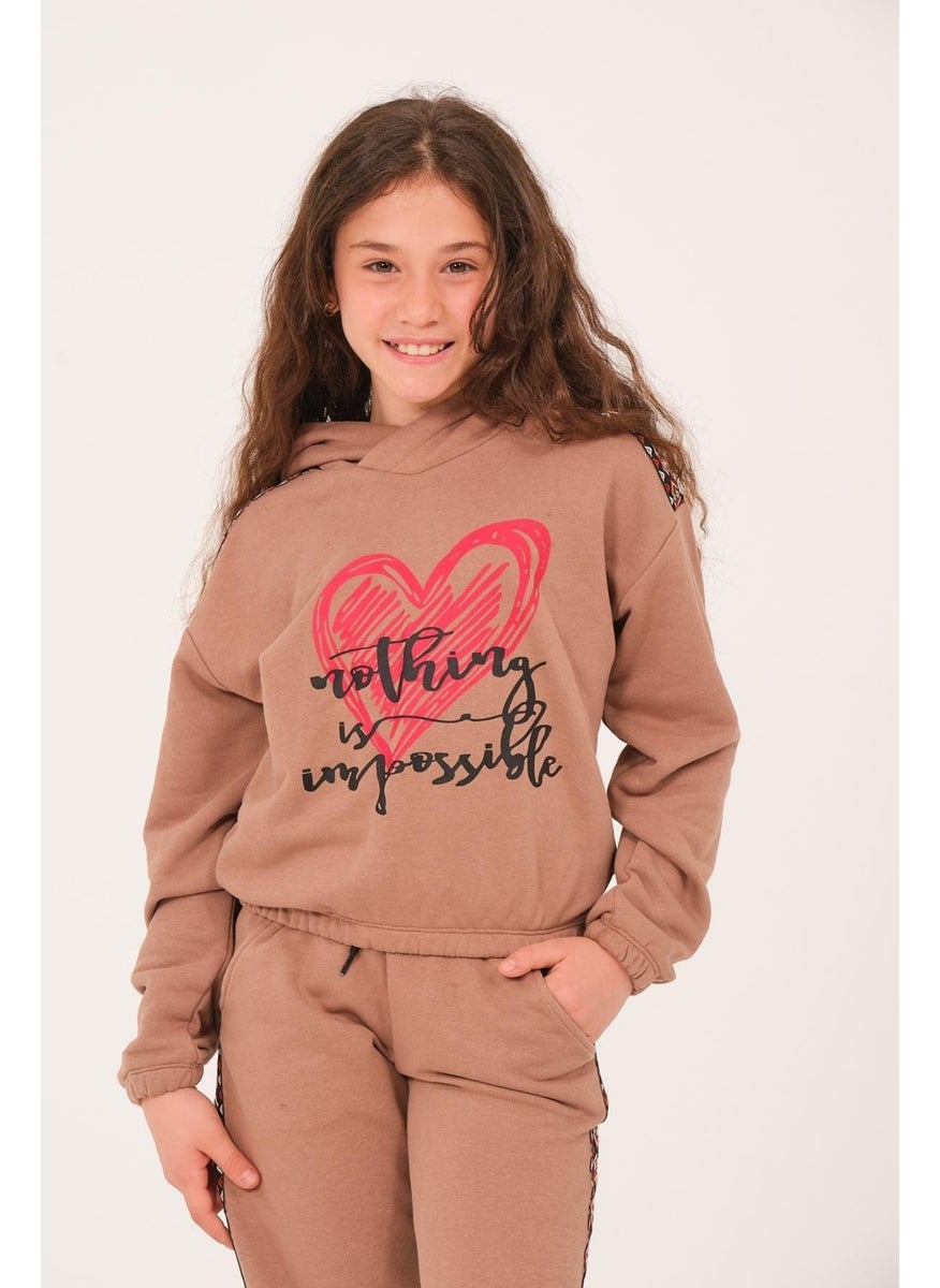 Young Girl Heart Printed Hooded Sweatshirt - Mink