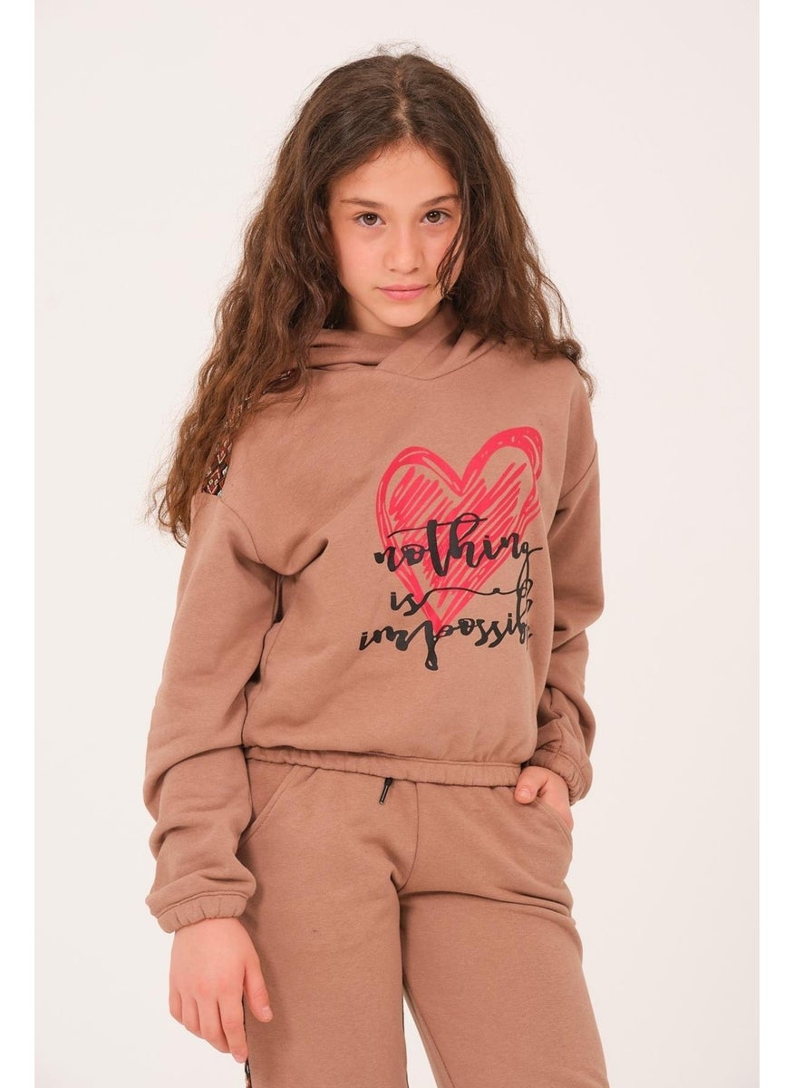 Young Girl Heart Printed Hooded Sweatshirt - Mink