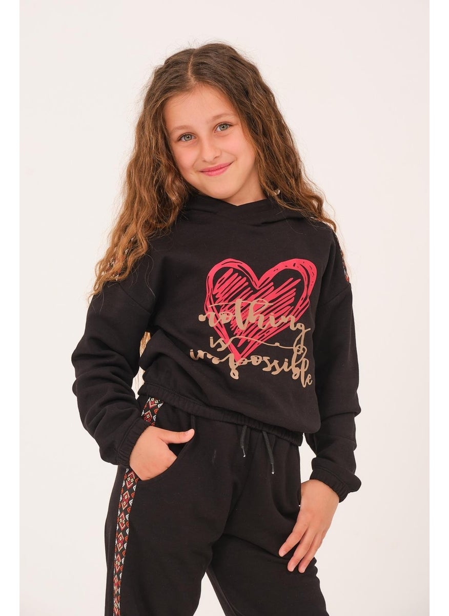 Young Girl Heart Printed Hooded Sweatshirt - Black