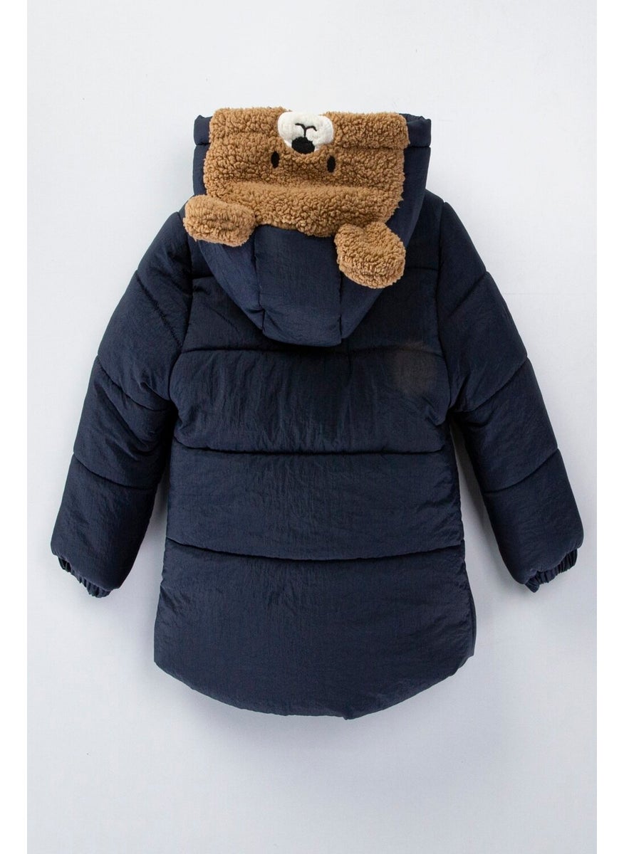 Podium Clothing New Trend Cute Bear Figured Zipper & Shepherd Button Winter Ear Detailed Hooded Winter Coat