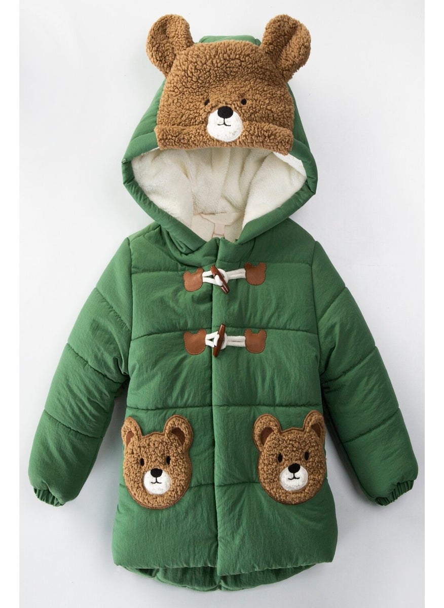 Podium Clothing New Trend Cute Bear Figured Zipper & Shepherd Button Winter Ear Detailed Hooded Winter Coat