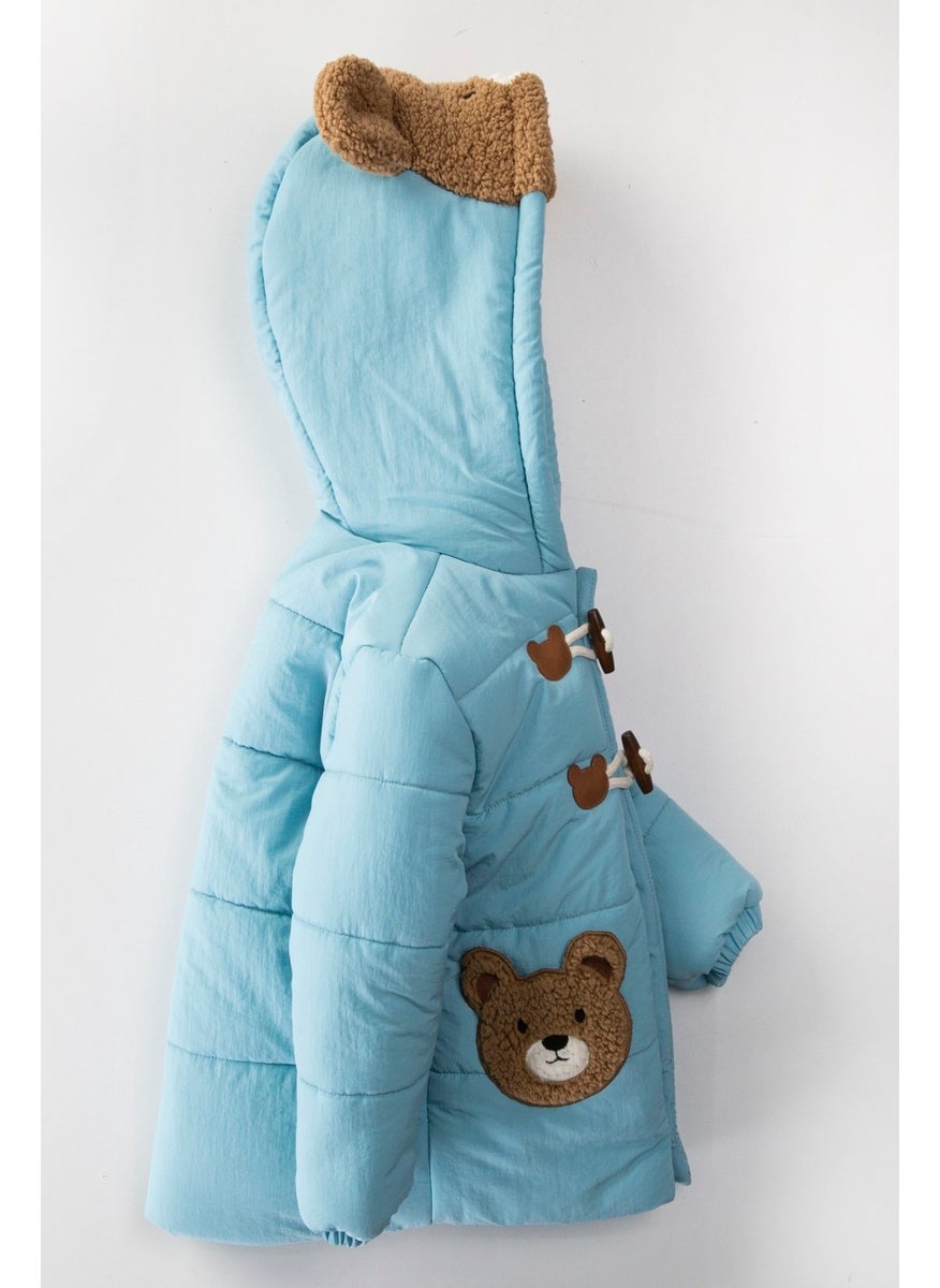 Podium Clothing New Trend Cute Bear Figured Zipper & Shepherd Button Winter Ear Detailed Hooded Winter Coat