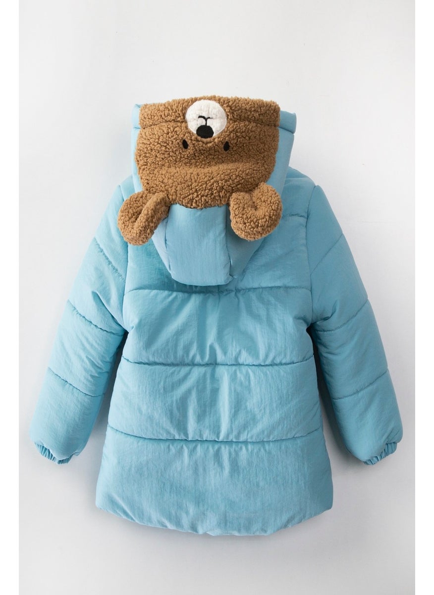 Podium Clothing New Trend Cute Bear Figured Zipper & Shepherd Button Winter Ear Detailed Hooded Winter Coat