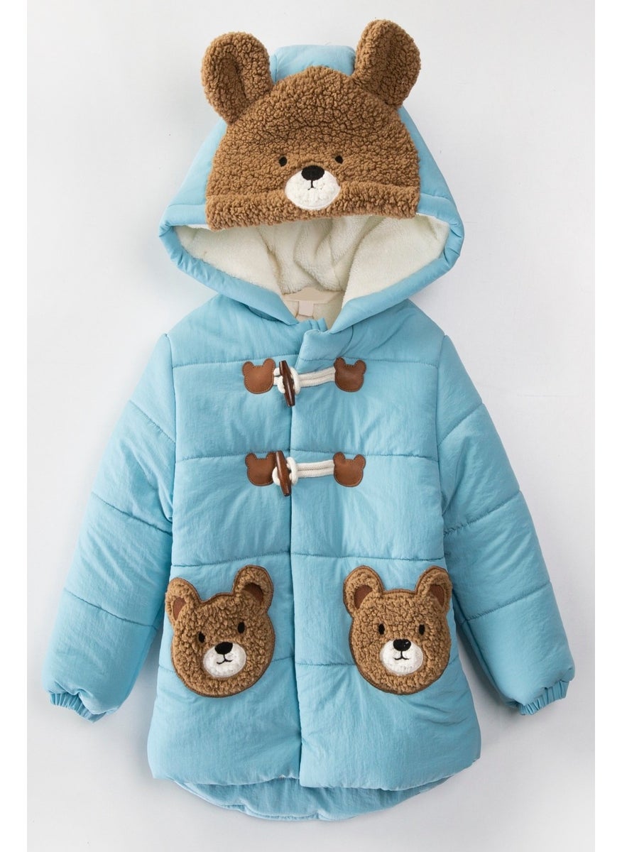 Podium Clothing New Trend Cute Bear Figured Zipper & Shepherd Button Winter Ear Detailed Hooded Winter Coat