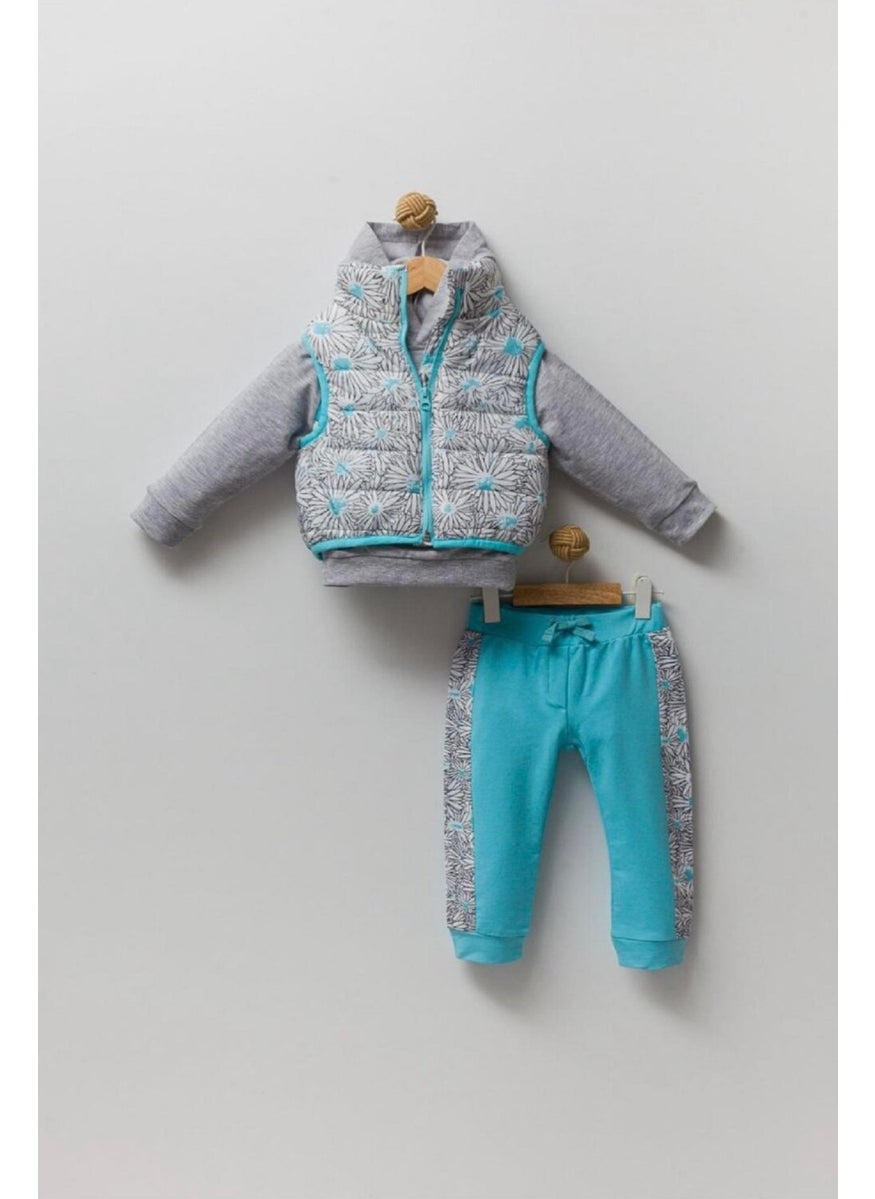 Podium Clothing New Trend Season 2/5 Years Old Floral Puffer Vest Hooded 3-Piece Stylish Tracksuit Set-Blue