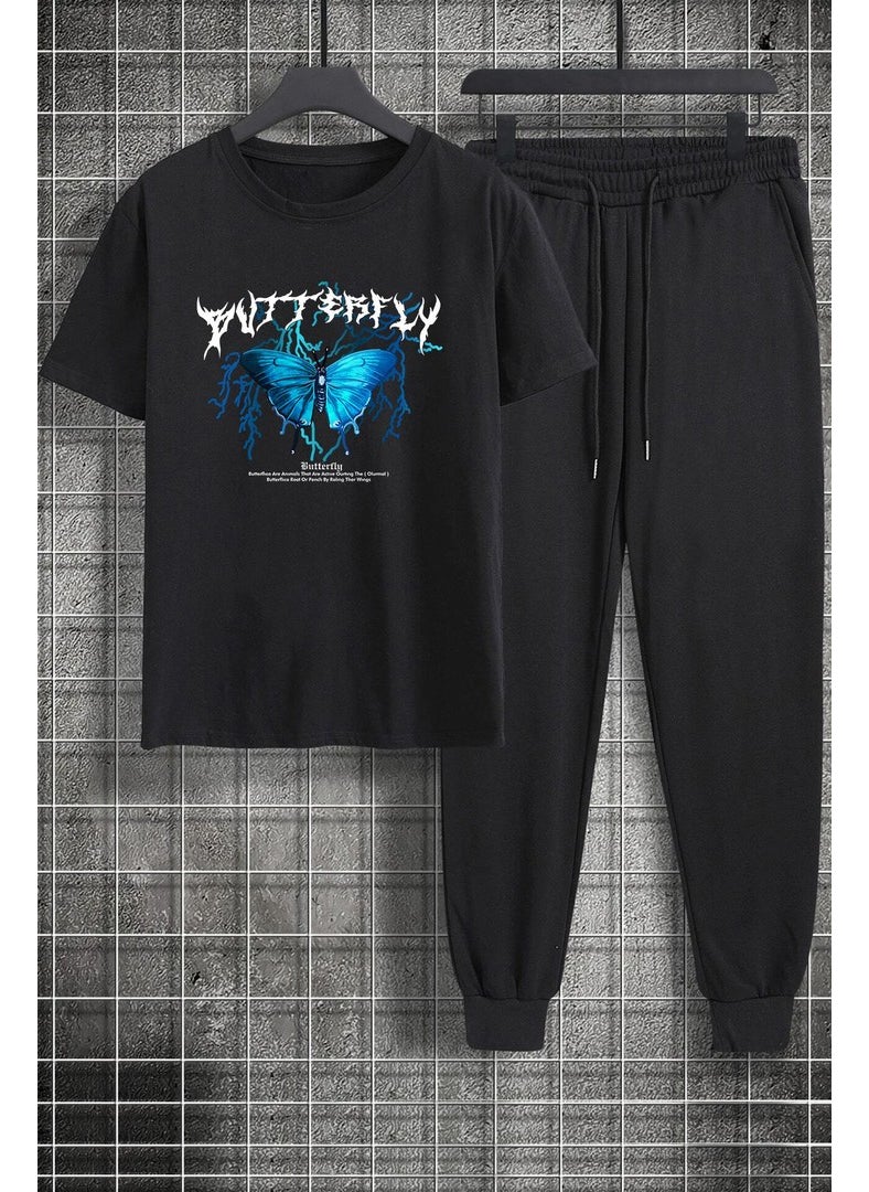 Unisex Blue Butterfly Printed 2-Piece Tracksuit Set L. Black