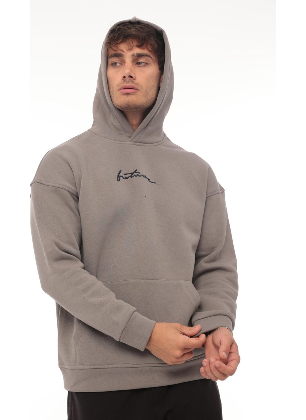 Smoke Back Printed Hooded Three Thread Oversize Sweatshirt - 2441