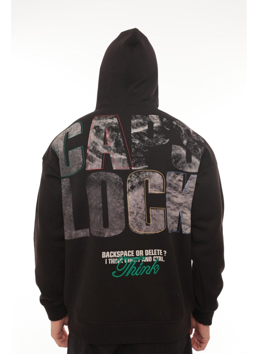 Black Back Printed Hooded Three Thread Oversize Sweatshirt - 2441