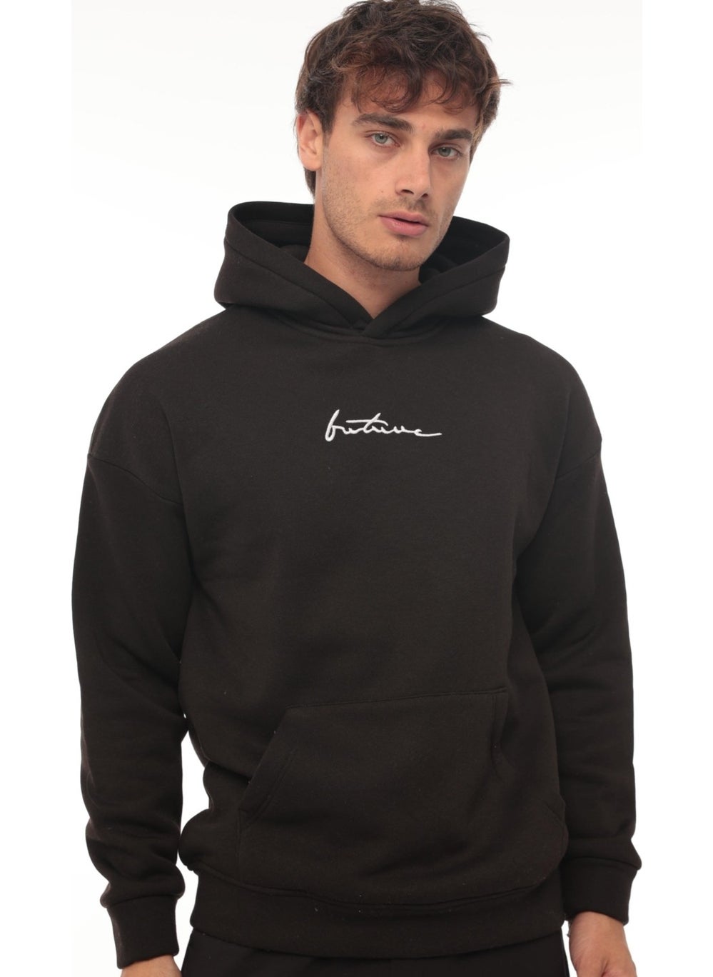 Black Back Printed Hooded Three Thread Oversize Sweatshirt - 2441