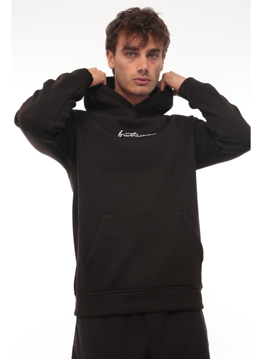 Black Back Printed Hooded Three Thread Oversize Sweatshirt - 2441