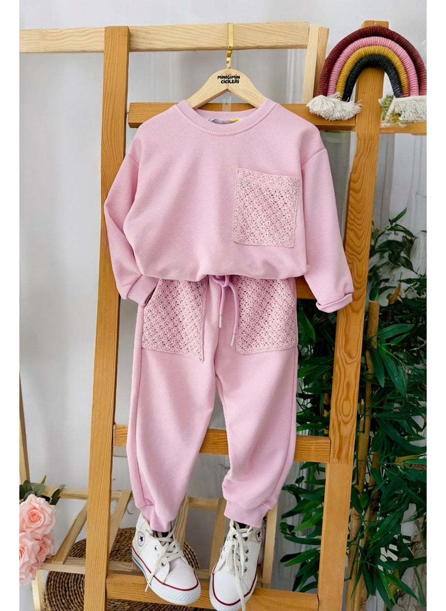 My Little Ones (3-9 Years Old) Lace Pocket Detailed Girl's Tracksuit - Pink