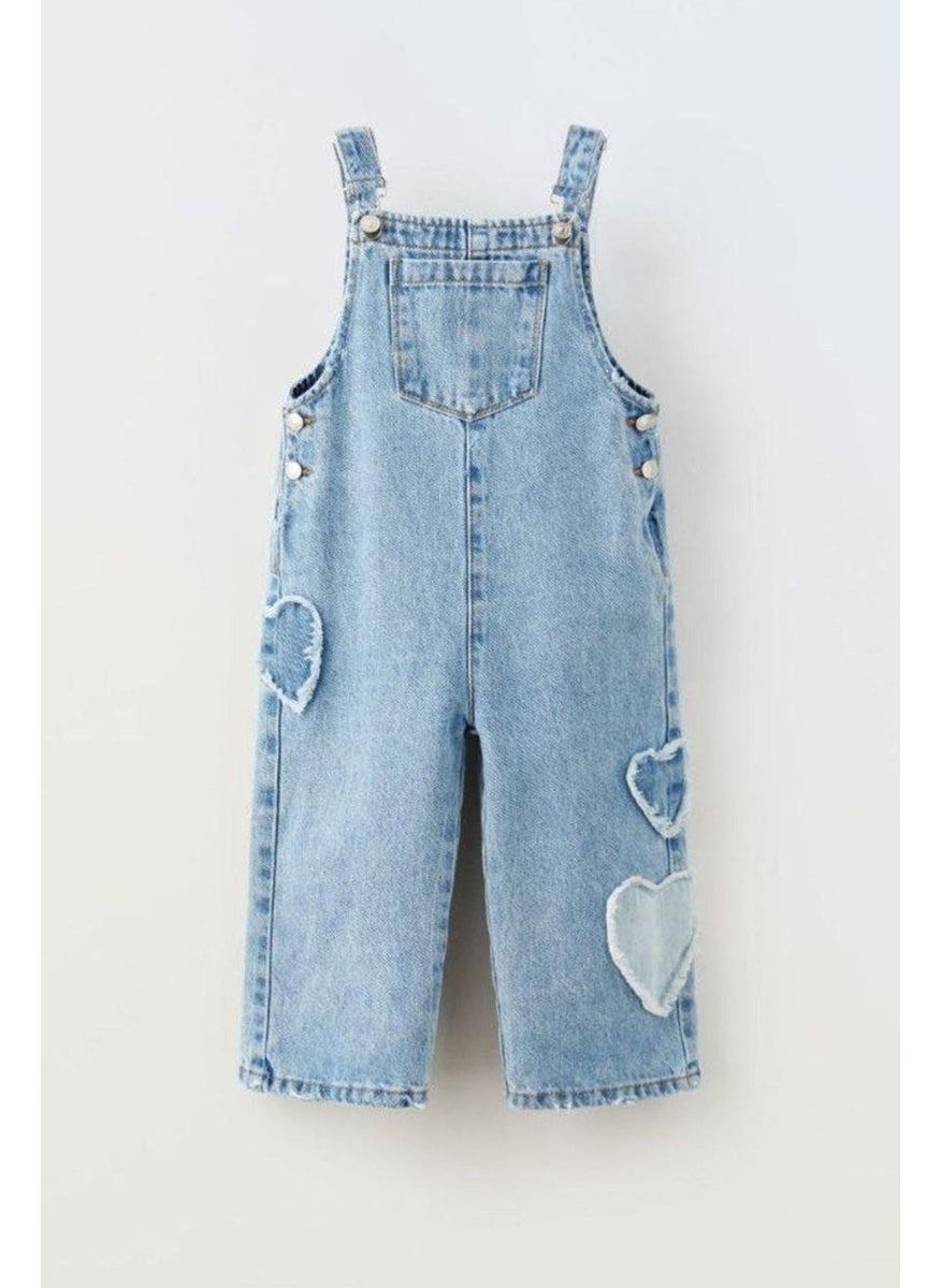 My Little One's Cicis Heart-patterned Denim Overalls for Girls - Light Blue