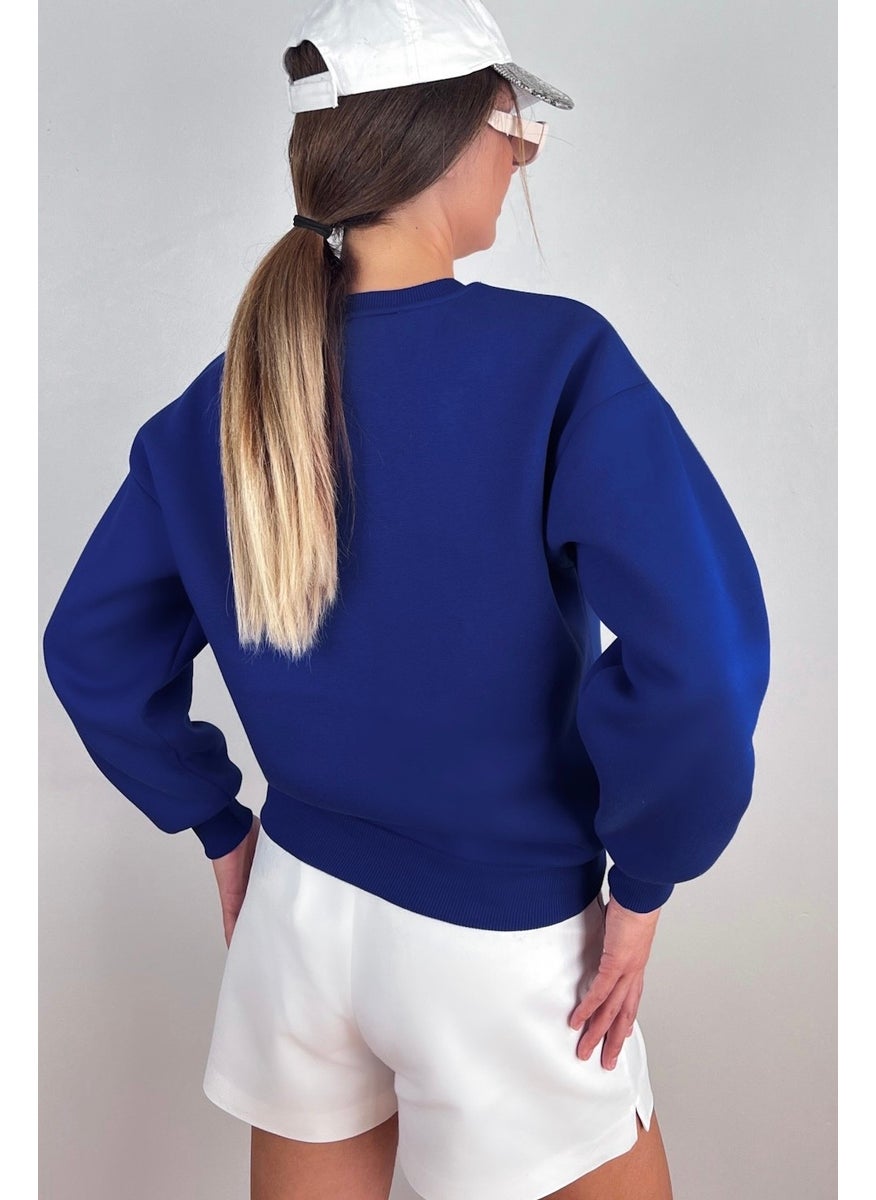 Women's Cozy Basic Crew Neck Cotton Thick Knitted Sweatshirt with Fleece Inside, Saks Blue