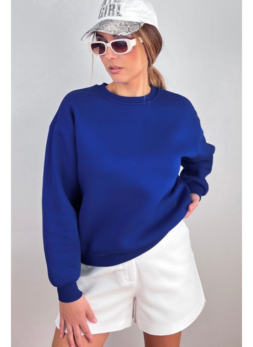 Women's Cozy Basic Crew Neck Cotton Thick Knitted Sweatshirt with Fleece Inside, Saks Blue