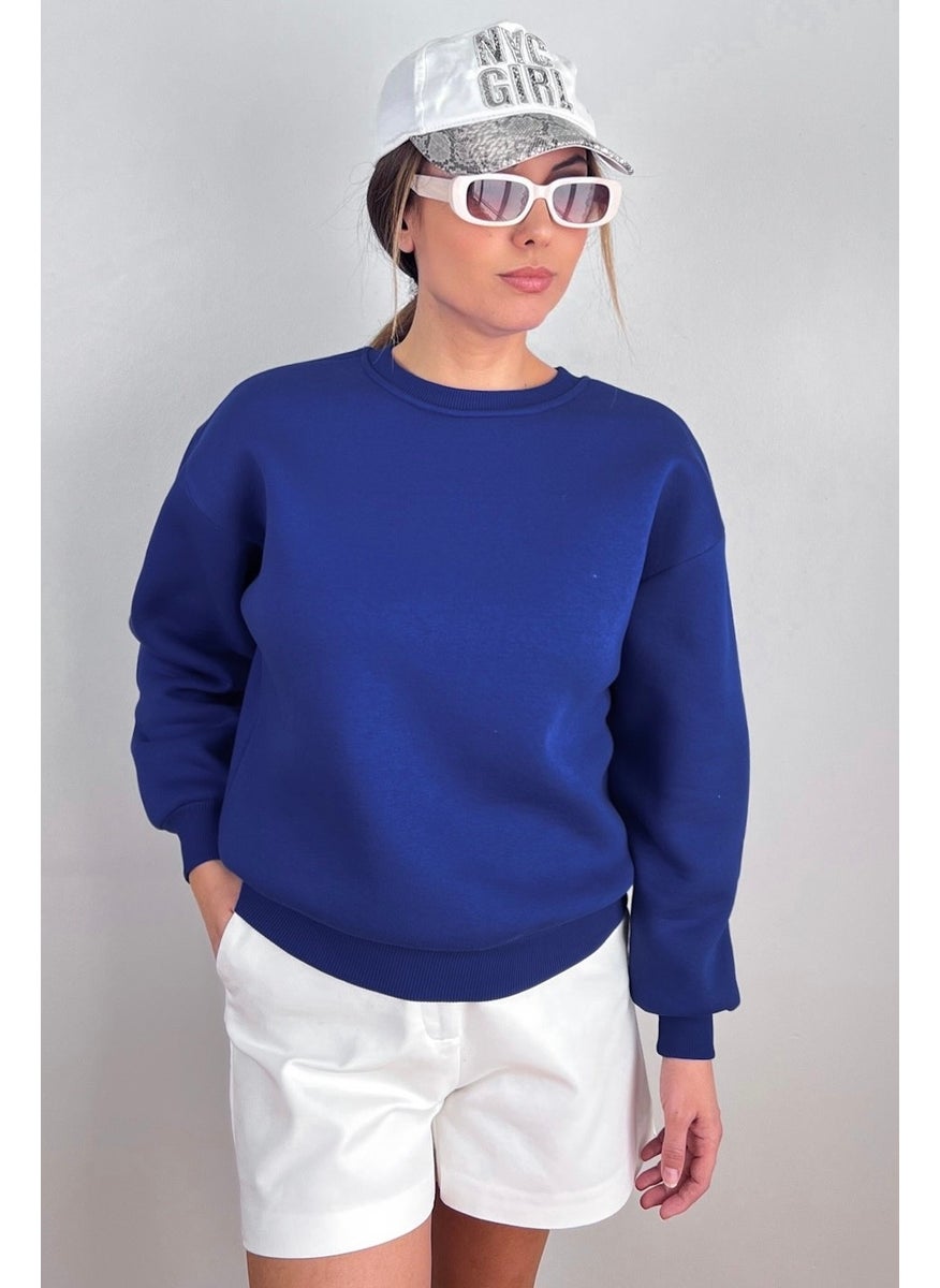 Women's Cozy Basic Crew Neck Cotton Thick Knitted Sweatshirt with Fleece Inside, Saks Blue