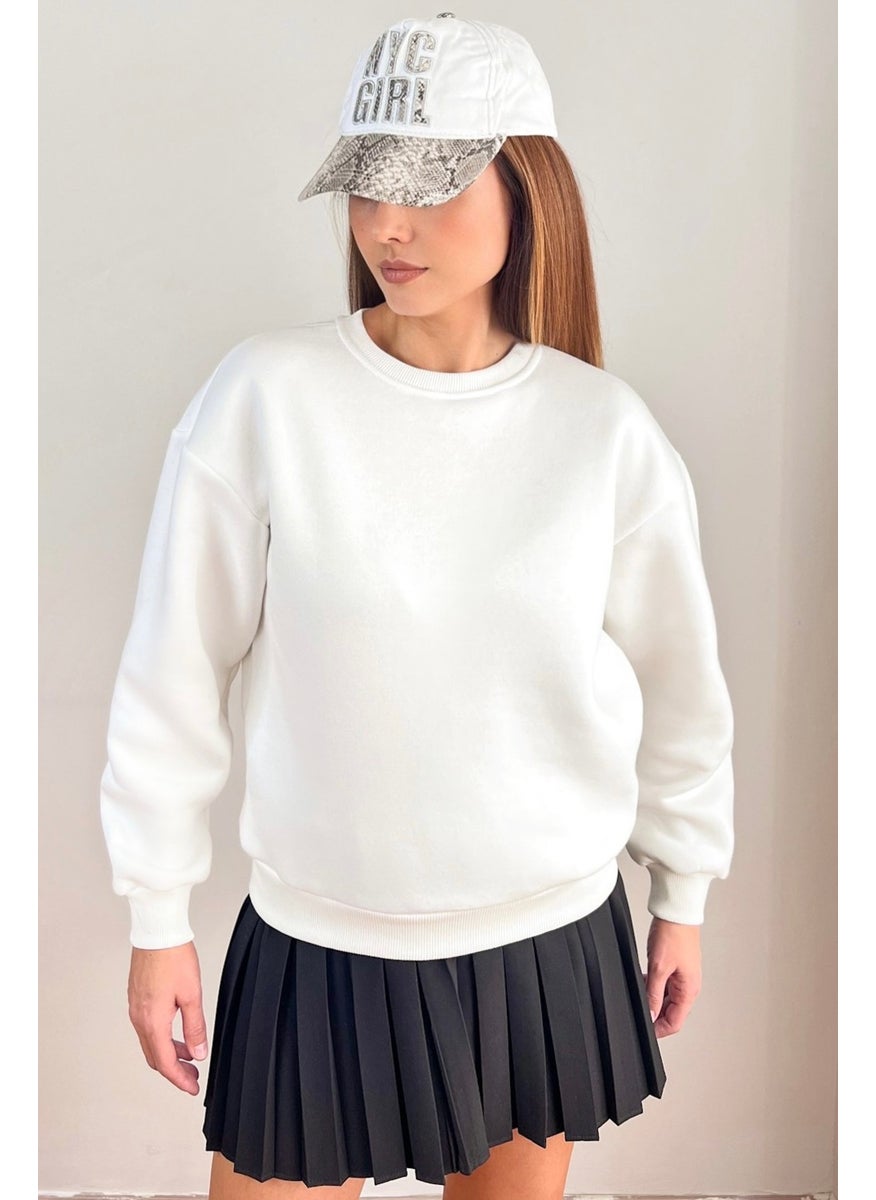 Women's Cozy Fleece Ecru Basic Crew Neck Cotton Thick Knitted Sweatshirt