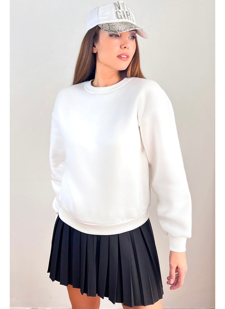 Women's Cozy Fleece Ecru Basic Crew Neck Cotton Thick Knitted Sweatshirt