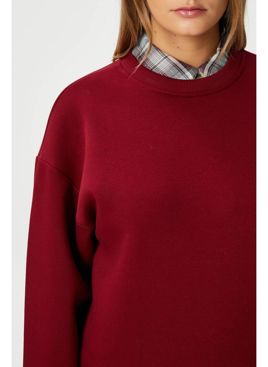 Women's Cozy Fleece Inside Burgundy Basic Crew Neck Cotton Thick Knitted Sweatshirt