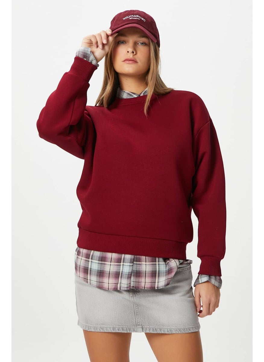 Women's Cozy Fleece Inside Burgundy Basic Crew Neck Cotton Thick Knitted Sweatshirt