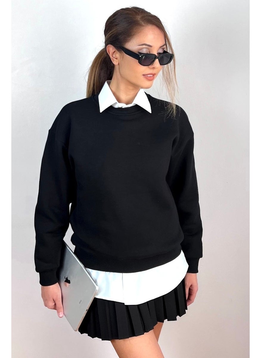 Women's Cozy Black Basic Crew Neck Cotton Thick Knitted Sweatshirt with Fleece Inside