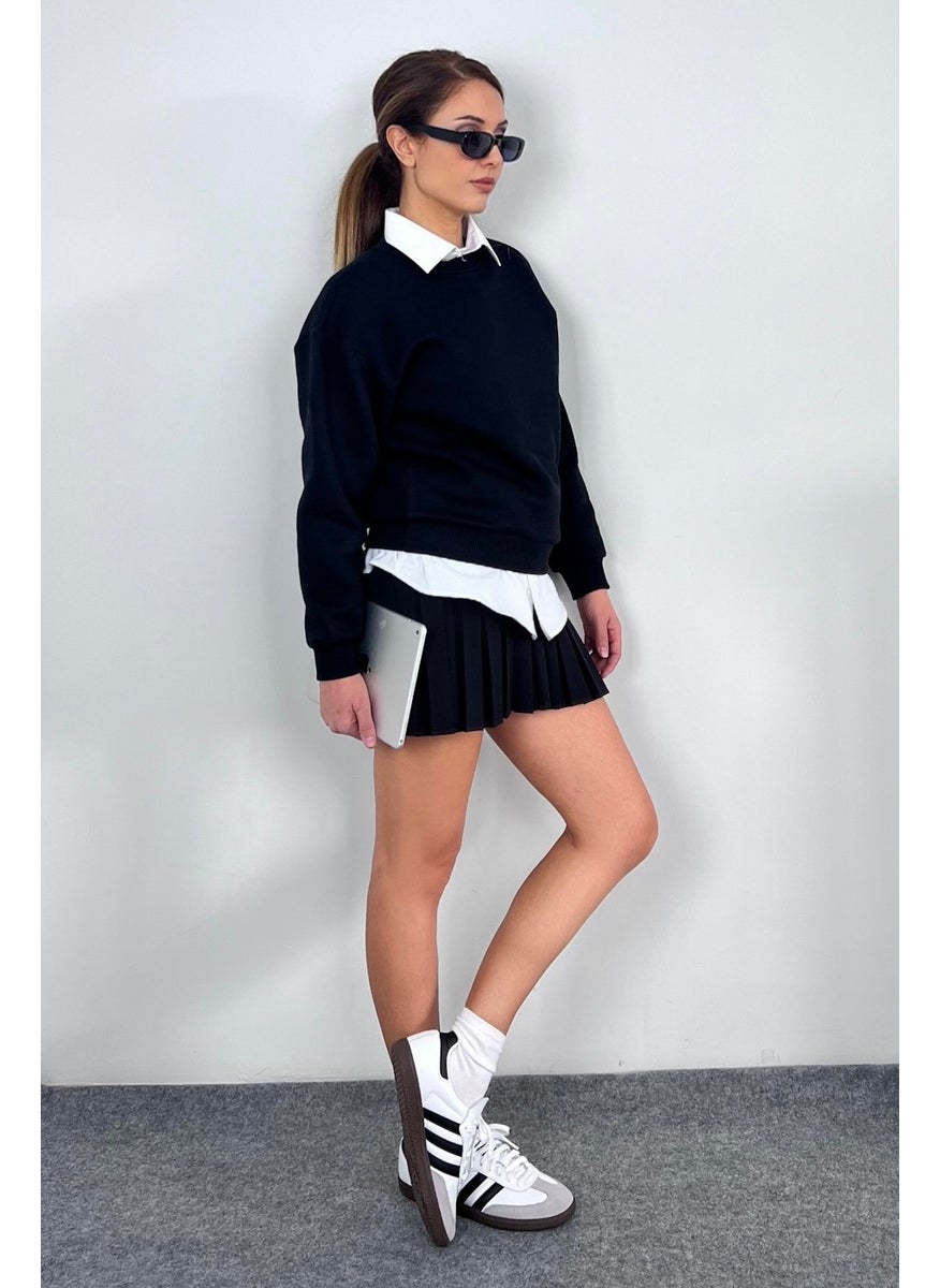 Women's Cozy Black Basic Crew Neck Cotton Thick Knitted Sweatshirt with Fleece Inside