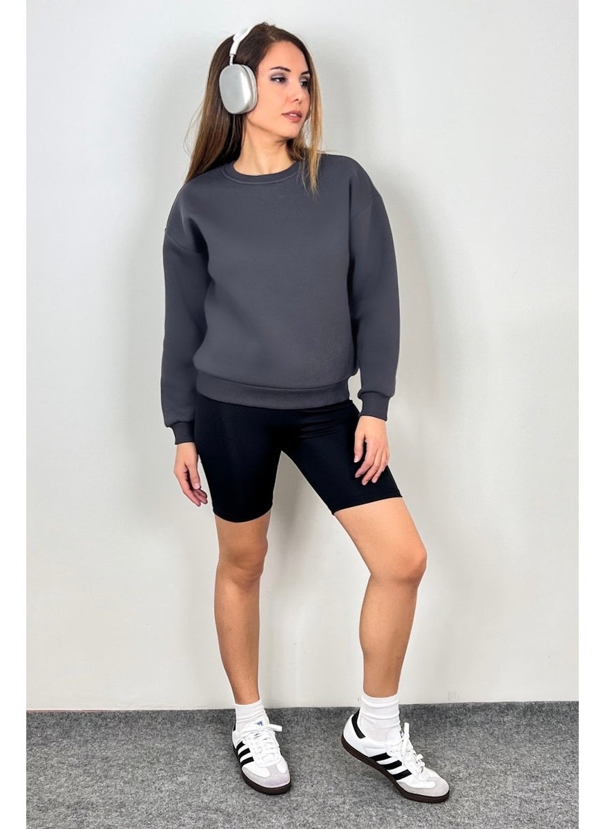 Women's Cozy Basic Crew Neck Cotton Thick Knitted Sweatshirt with Fleece Inside