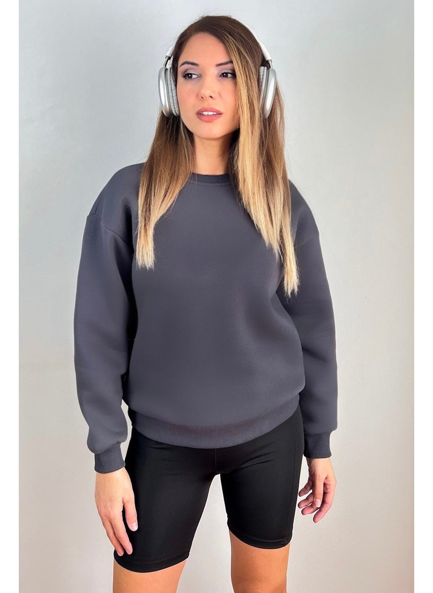 Women's Cozy Basic Crew Neck Cotton Thick Knitted Sweatshirt with Fleece Inside