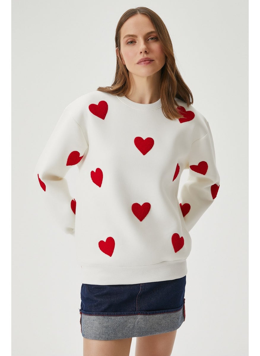 Women's Love Heart Embroidered Ecru Red Sweatshirt