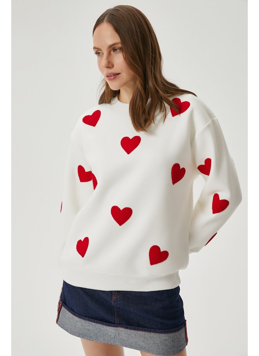 Women's Love Heart Embroidered Ecru Red Sweatshirt