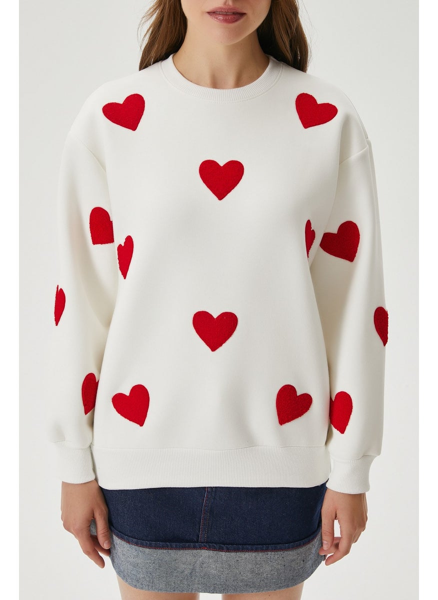 Women's Love Heart Embroidered Ecru Red Sweatshirt