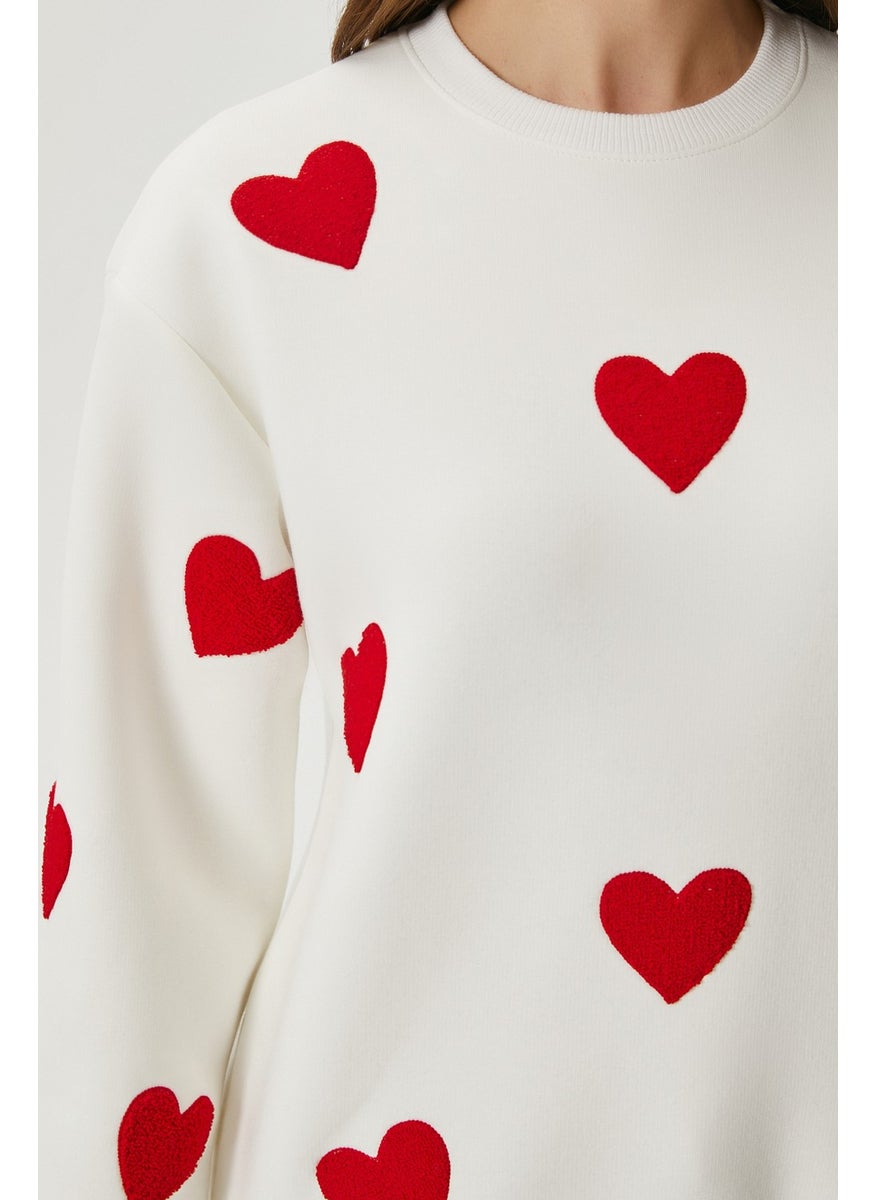 Women's Love Heart Embroidered Ecru Red Sweatshirt