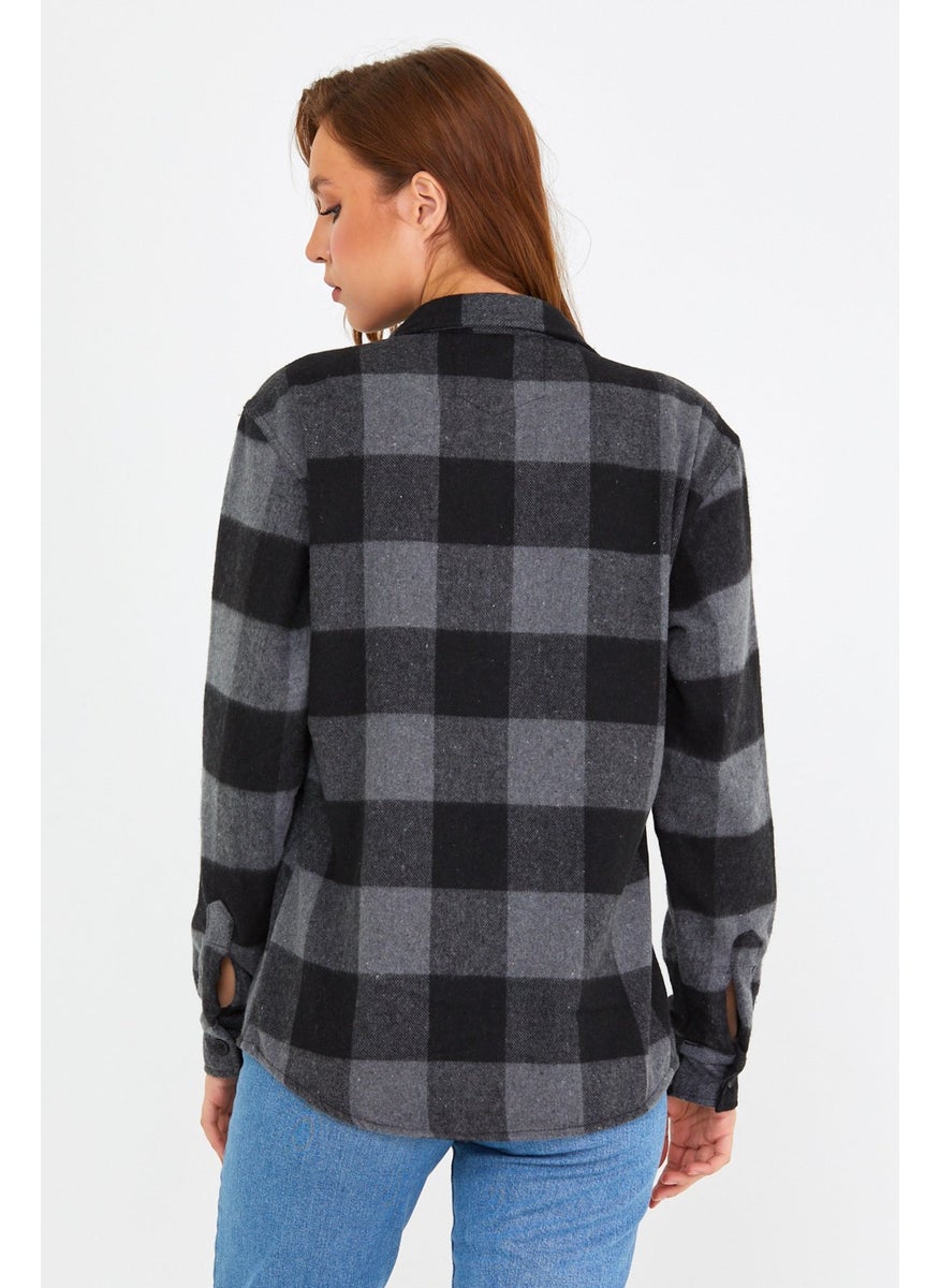 Cool Style Anthracite Women's Slim Fit Button-down Collar Double Pocket Lumberjack Plaid Shirt
