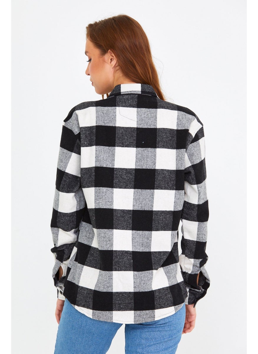 Cool Style Black-White Women's Slim Fit Button-down Collar Double Pocket Lumberjack Plaid Shirt