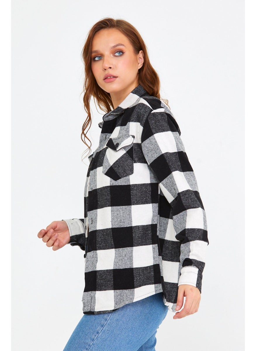 Cool Style Black-White Women's Slim Fit Button-down Collar Double Pocket Lumberjack Plaid Shirt
