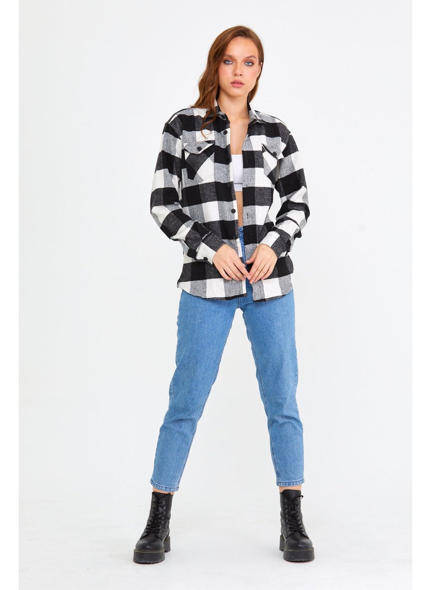 Cool Style Black-White Women's Slim Fit Button-down Collar Double Pocket Lumberjack Plaid Shirt