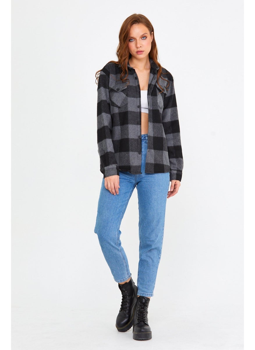 Cool Style Anthracite Women's Slim Fit Button-down Collar Double Pocket Lumberjack Plaid Shirt