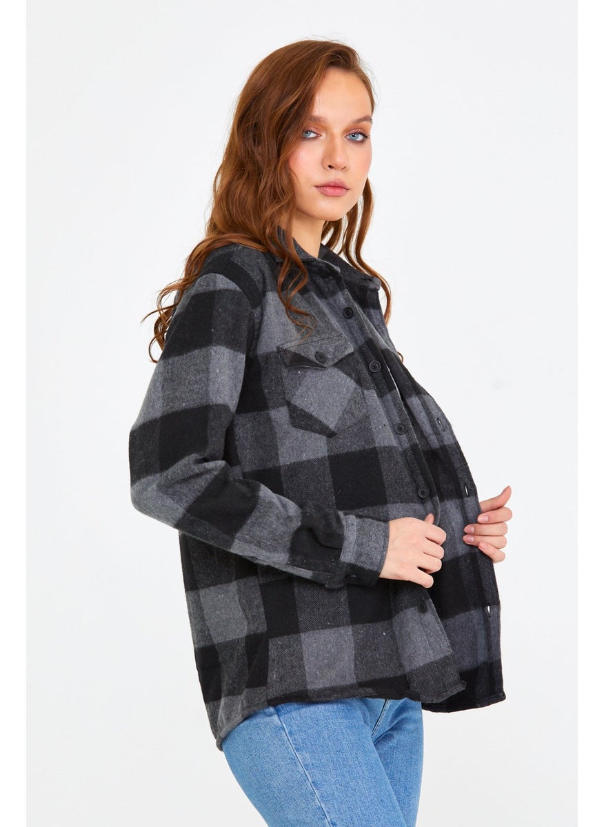 Cool Style Anthracite Women's Slim Fit Button-down Collar Double Pocket Lumberjack Plaid Shirt