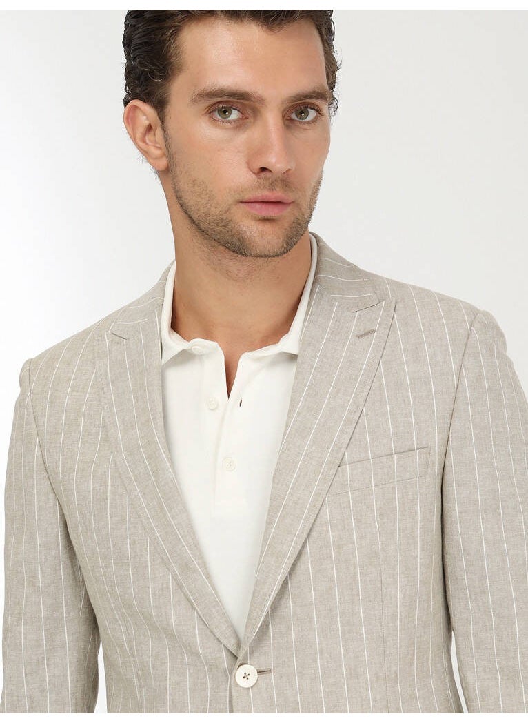 Beige Striped Slim Fit Cotton Blend Jacket