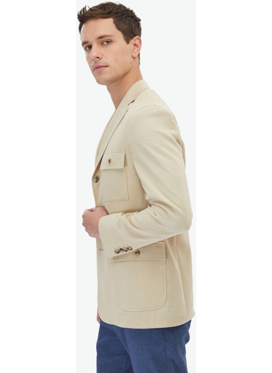 Beige Plain Modern Fit Jacket