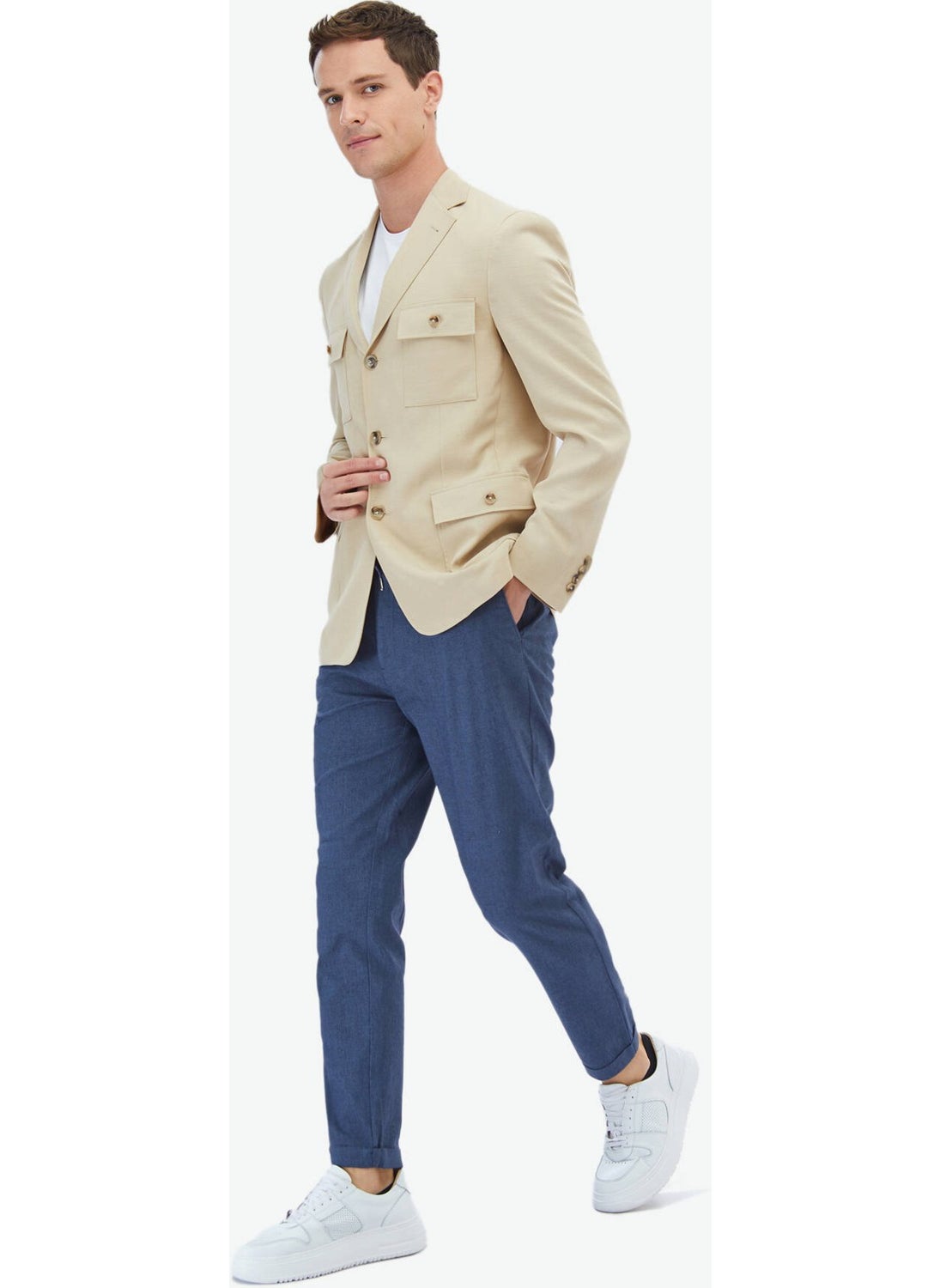 Beige Plain Modern Fit Jacket