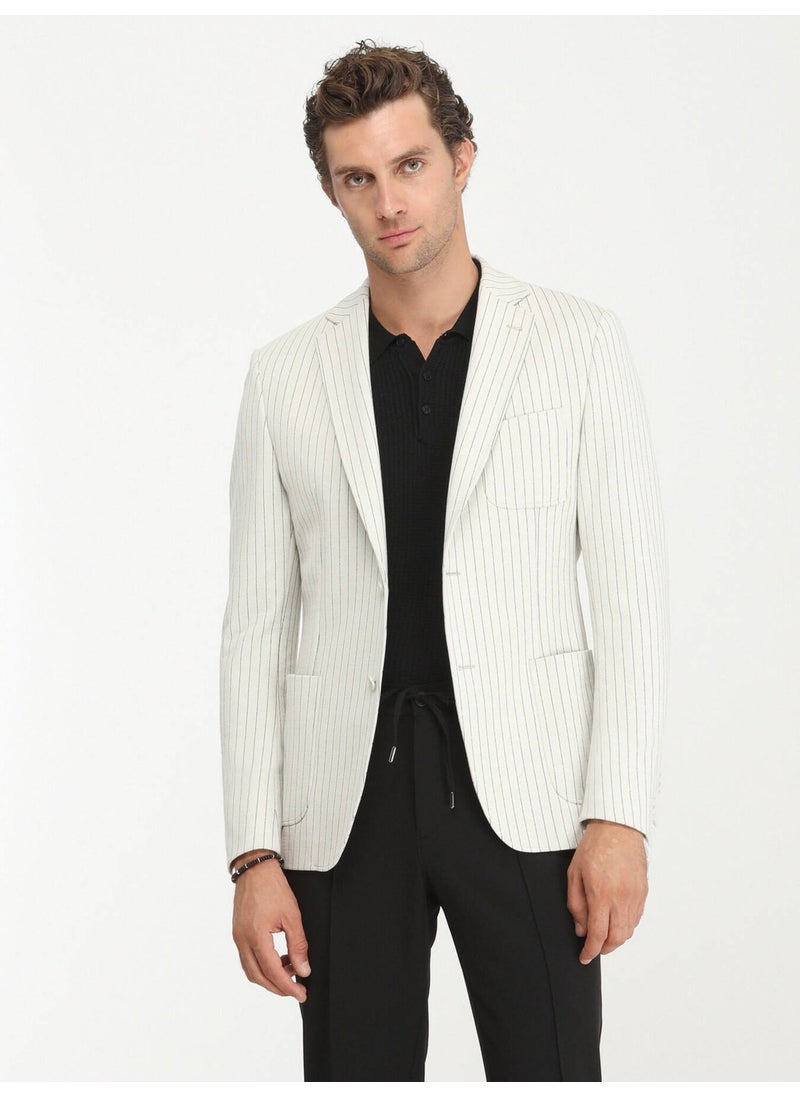 Ecru Striped Modern Fit Cotton Blend Knit Jacket