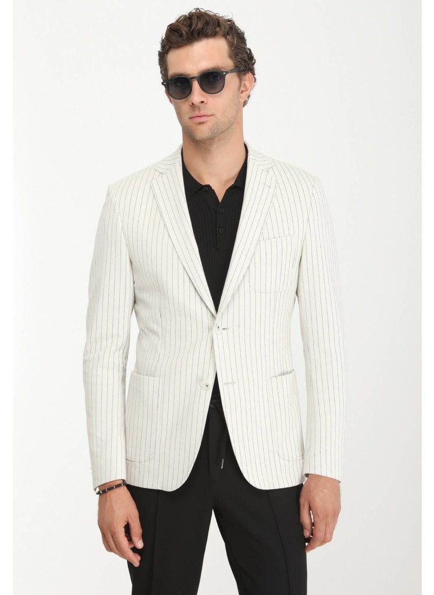 Ecru Striped Modern Fit Cotton Blend Knit Jacket