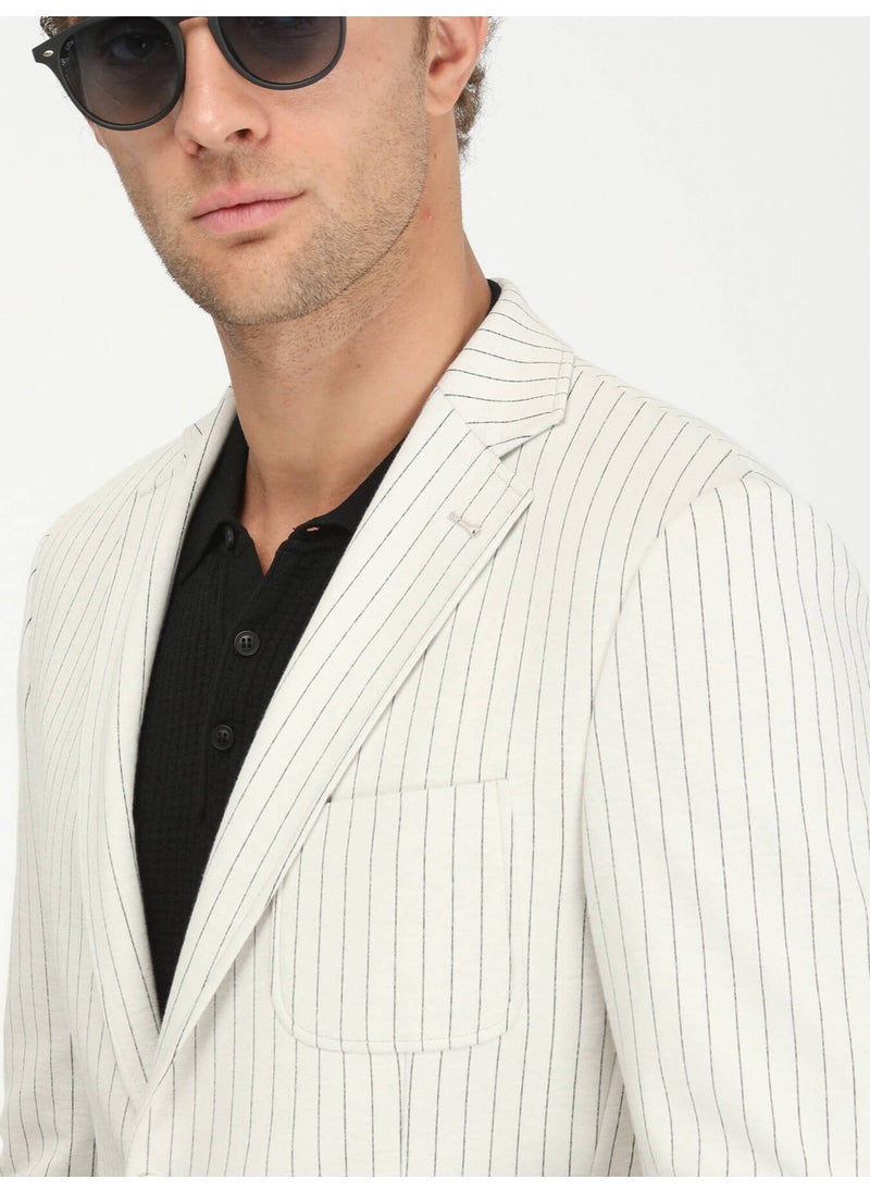 Ecru Striped Modern Fit Cotton Blend Knit Jacket